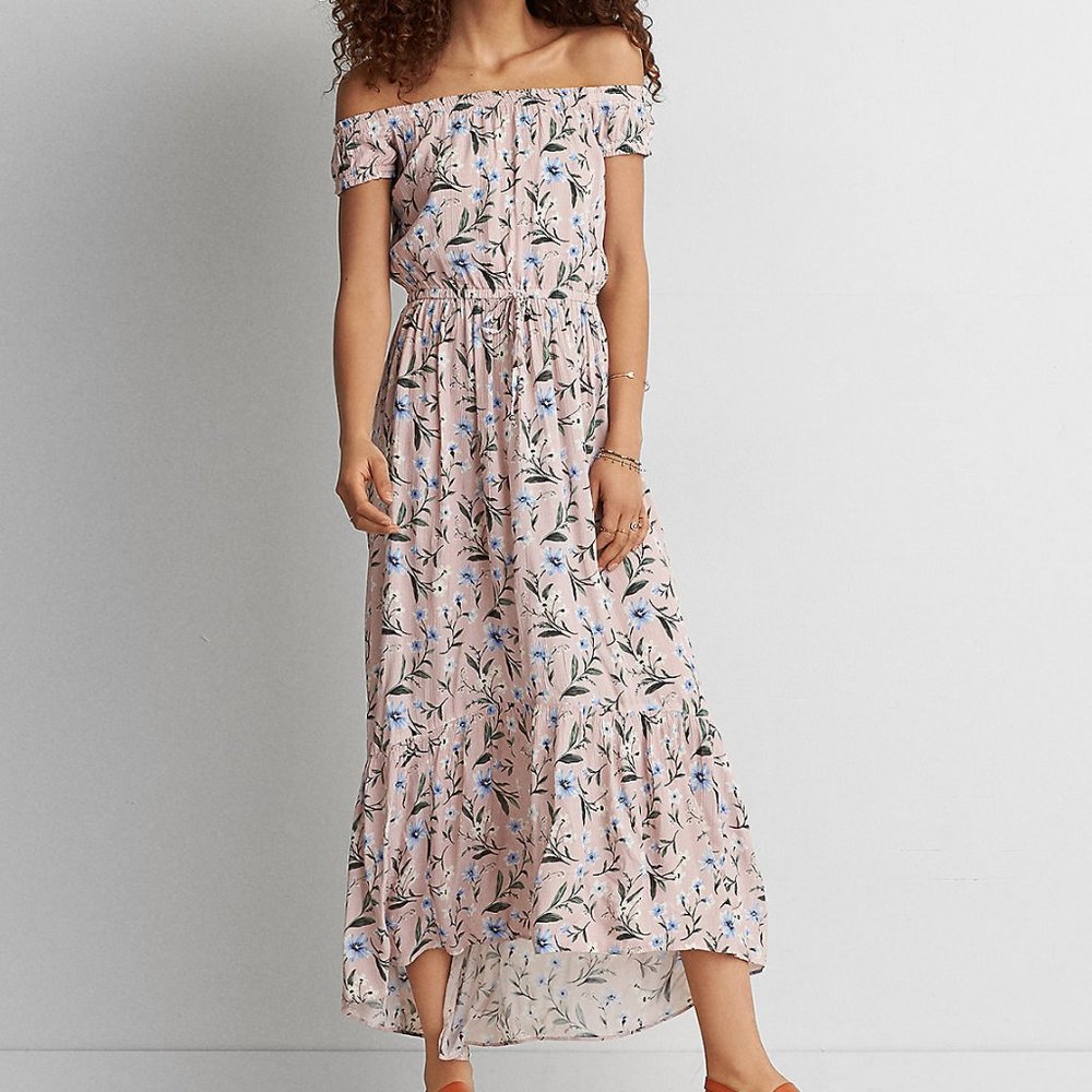 AE American Eagle Outfitters Off Shoulder Floral Maxi Dress High Low Hem
